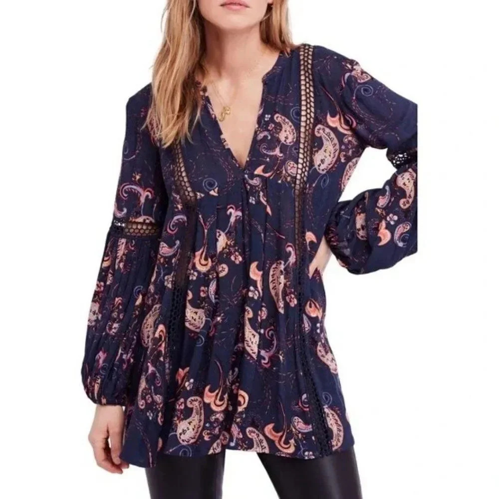 Free People Navy Floral Paisley V-Neck Tunic - Picture 3 of 11